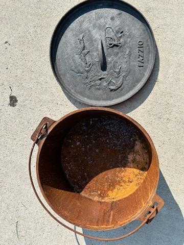Cast Iron Dutch Oven — before laser cleaning